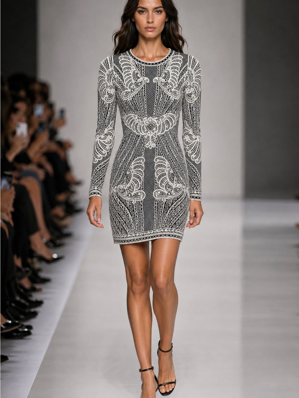 Hervé Léger “Zoe” Black Ivory Jacquard Knit Bodycon Sheath Dress S 👗 HL